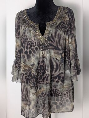 Mushka By Sienna Rose Top Womens Plus Size 3X Animal Print Embellished V Neck